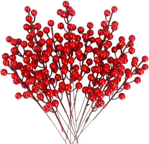 SULOLI 20 Stück Künstlicher Beerenzweig,Gefälschte rote Beeren,Stechpalmenbeeren,künstliche Frostebeeren für Weihnachten Deko,Hochzeit,Party (rot)