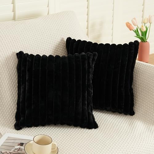 ORANIFUL Schwarz 60x60 Fell Kissenbezüge Set 2-teilig Kuschelkissen Flauschig Kissenhülle Streifen Design Kissen Hülle für Sofa Couch Bett Weicher Fake Fur Bezug Moderne Dekokissen