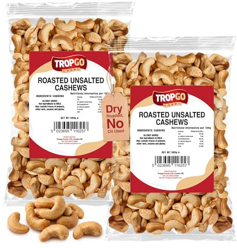 Tropgo Roasted Cashew Nuts Unsalted 2 × 500g (1KG) - Dry Roasted, No Oil Used, Unsalted Cashew Nuts with Fibre, Protein, and Minerals, Perfect for Snacking - Kosher Approved Cashews Bulk Buy Nuts