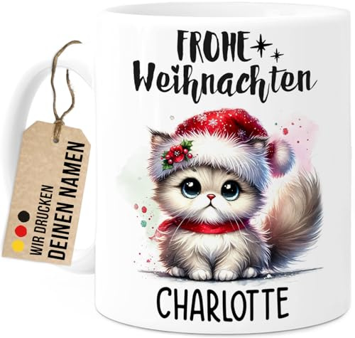 Tassenliebling® Katze Tasse personalisiert - Kindertasse mit Namen - Frohe Weihnachten - Katze Geschenke - Weihnachtstasse - Personalisierte Geschenke Kinder - Kinderbecher aus Keramik 330ml