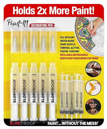 Slobproof Paint It! Decorating Pen, Refillable Paint Pens, Fine Tip, Home, Hobbies, Crafting, Scrapbooking, Fills with Chalk, Glitter, & Metallic Paints, Works on Wood, Fabric, Metal, Pack of 5