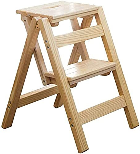 Portable Folding Step Stool Ladder 2 Steps Small Wood Household Solid Rack Wood Color