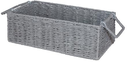 Wickerfield Handwoven Paper Rope Narrow Storage Basket for Home Office Organisation with Handles (Grey)