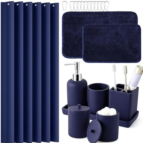21 Pcs Bathroom Accessory Set with Waterproof Shower Curtain and Non Slip Mat,Resin Bath Set with Toothbrush Holder and Lotion Soap Dispenser,Bathroom Countertop Organizer Set for Home Apartment