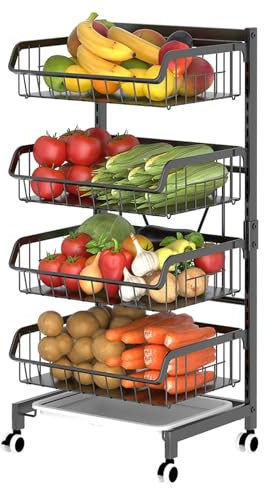 Wakects Chariots de Cuisine à 4 Niveaux sur Roues, Chariot en Métal de Grande capacité avec Table en Bois, pour Stockage de Légumes (4 paniers)