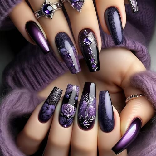 Shimmerz 24 Stück Aufkleber Nägel Lange Quadratische Nägel Acryl Farbverlauf Lila Blumen Design Schwarz Lila Klassische Französische Spitzen Falsche