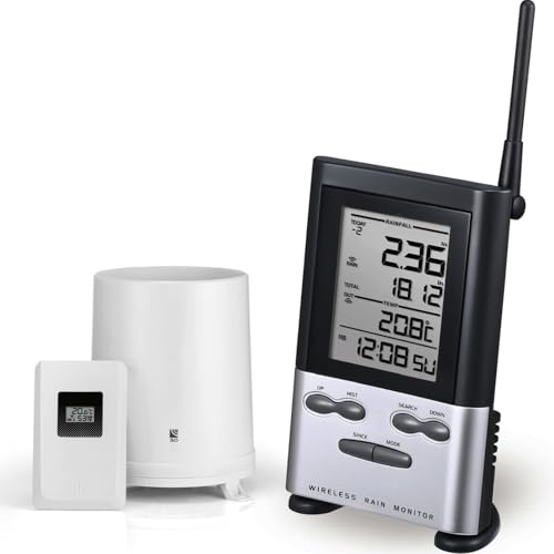 Wireless Rain Gauge Outdoor with Thermometer, Digital Rain Gauges Outdoors Best Rated with Self-Emptying & Freeze Proof, Accurate Remote Rain Measure Gauge, Automatic Outside Rain Gauge for Yard