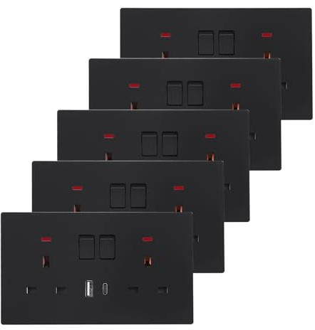 CNBINGO Double Socket with USB,Matt Black Wall Outlets with LED Indicator | USB C/A Ports Charging,5 Pack Double Switched Plug Socket,PC Panel Electric Power Wall Socket