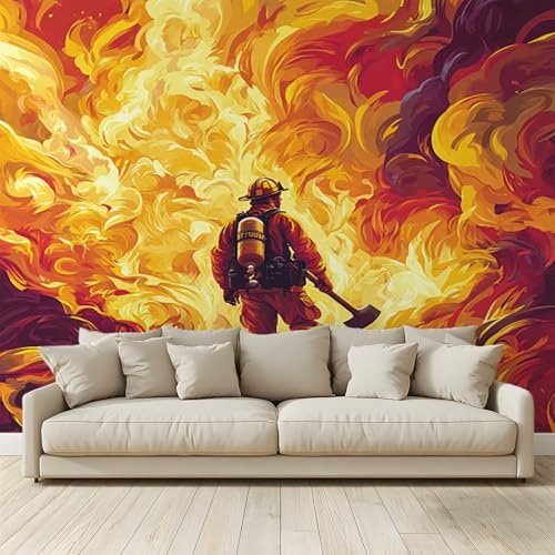 Fond D'Écran 3D Mural Flammes fumée pompier brandissant une hache Papier Peint Intissé Tapisserie Panoramique Poster Décoration Murales Chambre Adulte Enfant Salon Tv 200x140Cm