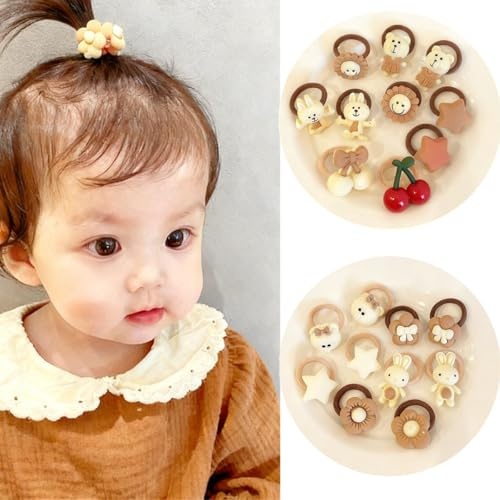 Cartoon Hair Ties for Toddlers Girls, 20pcs Mini Cream-toned Elastic Hair Bands with Bear, Rabbit, Cherry Designs,Cute Baby Hair tie Accessories, No Damage, 0-6 Years