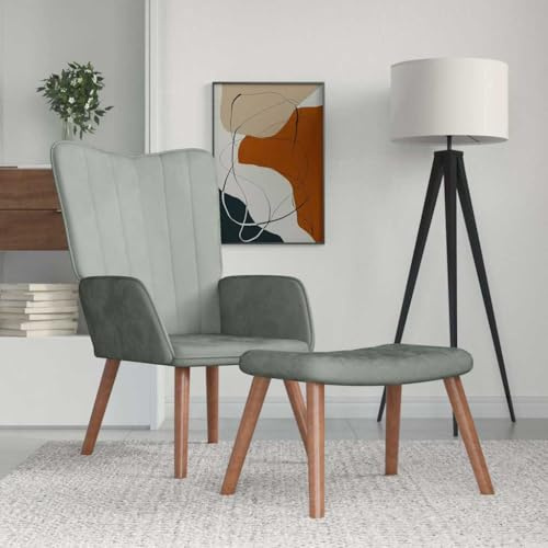 Tonture Relaxsessel mit Hocker, Hellgrau Samt Bezug, Vertikale Nähte, Samtstuhl für Wohnzimmer, Schlafzimmer, Leseecke, Erwachsene