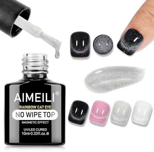 AIMEILI Cat Eye Gel Nail Lack Top Coat, 2 i 1 Rainbow Glitter No Wipe Top Coat - Shine Finish och långvarig, blöta av Nail Art Manikyr 10ML | UV-topplack, halvpermanent nagellack topplack, halvpermanent glitter holografisk gel soak av UV LED, måste ha