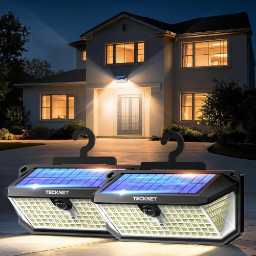 TECKNET Solarlampen für Außen mit Bewegungsmelder, 546 LEDs Lampe, 2 Stück | 300° breiter Beleuchtungswinkel, 3 einstellbare Lichtmodi, IP66 wasserdicht für Garten, Garage und Haustür