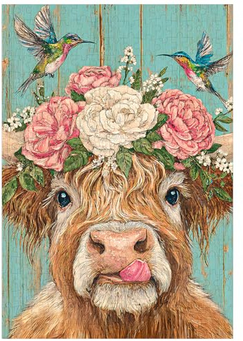 Ulord 300 Piece Puzzle for Adults Highland Cow Jigsaw Puzzles 15x10 Inches | Rustic Puzzle with Hummingbirds for Adult Kids Home Decoration Birthday Party Gift Toys