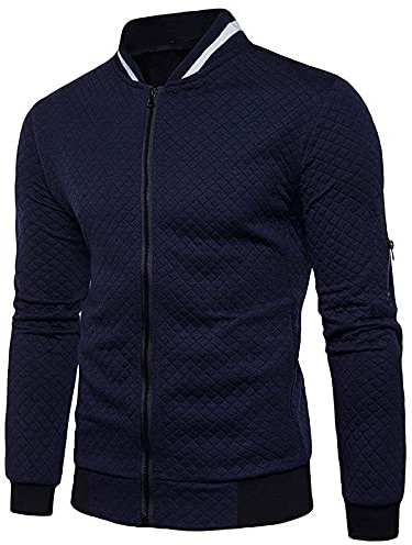 Män gym sportdräkt fullt set träningsoveraller män höst vinter två- sport set ståkrage enfärgad rutig dragkedja tröja baseball sport set för promenader löpning vandring, Marinblått Xsp, L