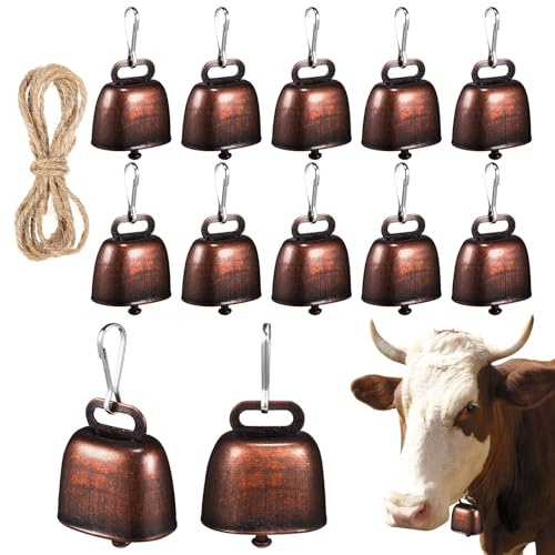 SEWACC Campanacci per Mucche in Bronzo Rosso Antico 35Mm e Campanelle 25Mm Corda in Canapa 2m Set 12 Pezzi per Pascolo Bovini Cavalli Pecore e Capre Uso Fattoria Antifurto