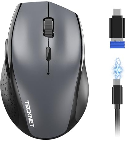 TECKNET Pro Souris Bluetooth sans Fil, Rechargeable, Double BT 5.0+2,4 GHz | Tri-Mode, Autonomie de la Batterie de 135 Jours, 6400 DPI Réglable, Design Ergonomique, Clic Silencieux-Gris et Noir.