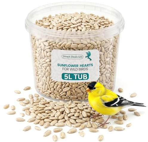 5L Tub Sunflower Hearts for Wild Birds Food - No Mess Husk Free Bird Feed | 100% Natural, High Energy Sunflower Seeds No Husk No Waste for Parrots, Robin, Dove, Sparrows & Garden Birds