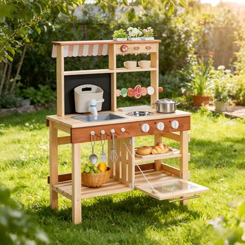 ROBUD Wooden Mud Kitchen for Kids, Outdoor Play Kitchen for Toddler Age 3+ | Pretend Play Toy Kitchen with Real Water Sink, Coffee Maker, Planting Cups, BBQ Grill, Oven & Blackboard, Gift for Boys Girls