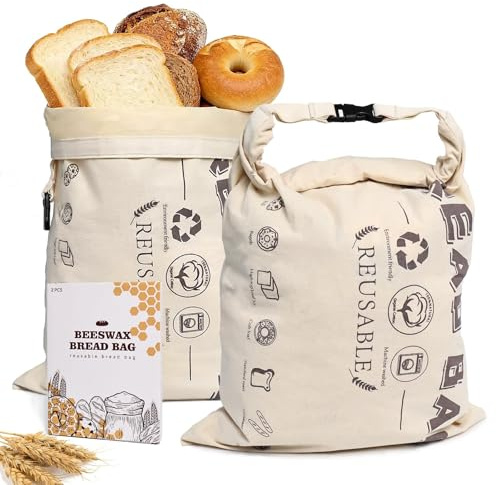 2 Stück Große Bienenwachs Brotbeutel, 43cm×33cm, Wiederverwendbare Bienenwachsbeutel für Brot mit Natürlichem Bienenwachs-Futter für Sauerteig & Handwerkliche Brote, Waschbarer