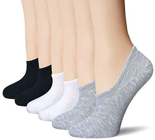 BERING No Show Socks Womens Non Slip for Flats Slip On Sneakers Footies Low Cut Ankle Short, Black/White/Grey, Size 6-9, 6 Pairs