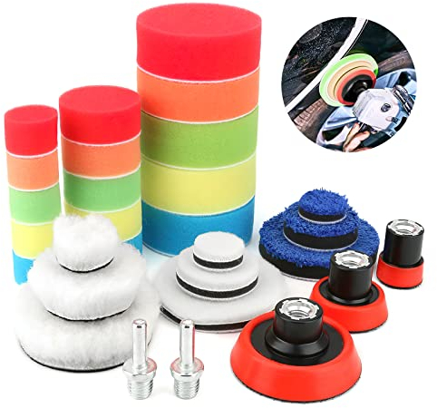 Bestcool Polierschwamm für Auto, 29pcs Polierpad Set Wolle Polierset Polierteller für Poliermaschine Polierauflage Bohrmaschine Bohrer mit 2 Stück M14 Bohradaptern zum Polieren, Schleifen, Wachsen