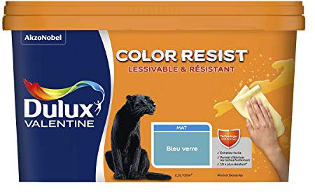 Dulux Valentine Color Resist Pièces à Vivre - Peinture Intérieure Murs, Plafonds, Boiseries - Lessivable et Résistante - Couleur : Bleu Verre - 2,5 L - 5351577