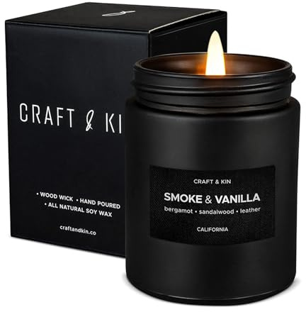 Craft & Kin Premium Smoke & Vanilla Scented Candle – Long Lasting, 45 Hour Burn Time – Luxury Black Natural Soy Scented Candle for Men with Wood Wick – Room Decor and Aromatherapy – 7.6 oz