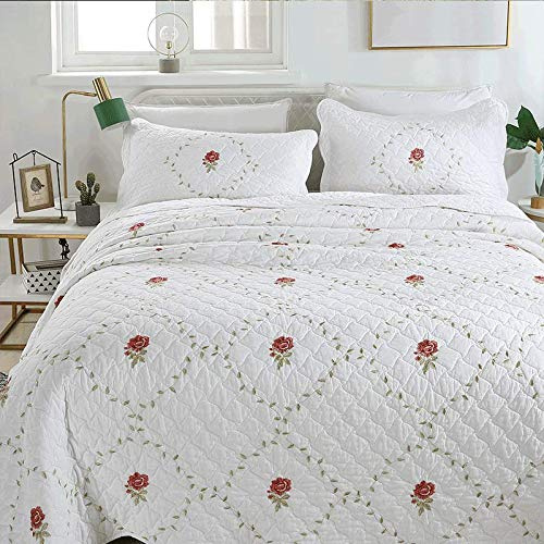 XIUWOUG Tagesdecke 240 X 260cm Bettüberwurf Baumwolle Weiß Stickerei Quilt überwurf Bett Sofa Decke Gesteppt Wendbare Tagesdecken Mit 2 Kissenbezügen,Weiß,240x260cm