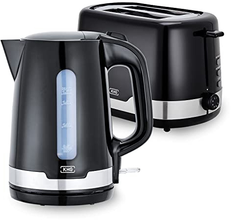 KHG Wasserkocher und Toaster-Set 2-teilig, 2.200 & 850 W, Volumen, schwarz | Frühstücksset mit Kapazität 1,7 L & 2 Scheiben Toast, Küchenset mit Kalkfilter & Krümmelauffang, für Tee, für den Alltag