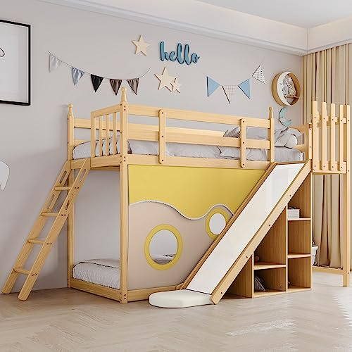 Letto per bambini, 90 x 200 cm, in legno, con scala, recinzioni, tende, scivolo e scaffalature, letto a castello con protezione contro le cadute e la griglia - telaio in pino, colore legno naturale