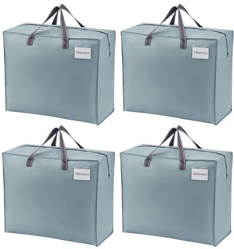 VENO 4 Pack Heavy Duty Moving Bags, Storage Bags, Packing Supplies, Top Zipper, Storage Totes for Camping, Clothes, Bedding, Comforters, Pillows (22 Gallon Light Blue, 4 Pack)
