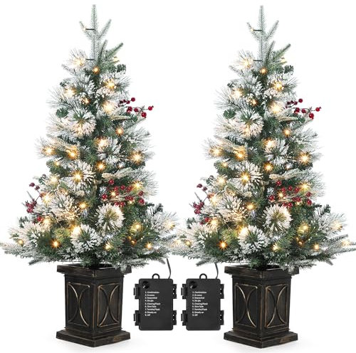 2 PCS Weihnachtsbaum Künstlich mit Beleuchtung, 90 cm Künstlicher Weihnachten Baum Schneebeflockte mit 78 LED 8 Modus Warmweiß Retro Topfbasis Weihnachten Deko für Eingang Haus Büro