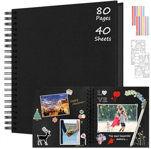 Boic Álbum de Fotos Scrapbook 30x30cm, DIY Espiral Álbum de Recortes para Pegar y Escribir 80 Páginas, Regalos de Boda Aniversario Bebé Cumpleanos Familiares (Negro)