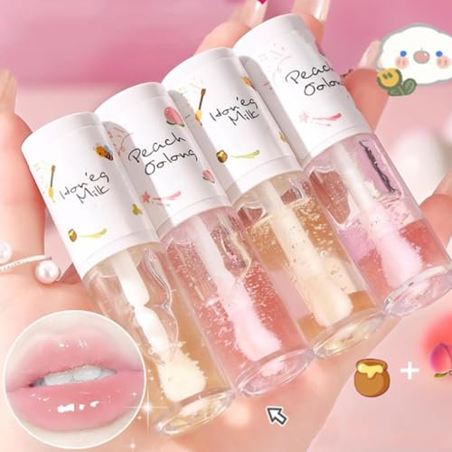 4Pcs Ensemble de brillant à lèvres hydratant,Huile à lèvres hydratante Crystal Jelly,Baume à lèvres hydratant transparent,Brillant à lèvres repulpant Huile d’éclat des lèvres longue durée