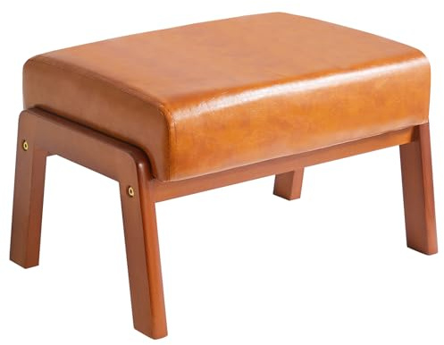 IBUYKE 10.2”H Piccolo Poggiapiedi Ottomane, Rettangolare in Pelle PU Sgabello con Sedile Imbottito e Gambe in Legno, Basso Poggiapiedi Ottomano Per Soggiorno Camera da Letto, Giallo-Marrone WBD013J