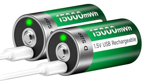 Batteria USB D ricaricabile al litio/15000 mWh – 1,5 V celle D batterie ricaricabili ricarica rapida in 4 ore con cavo di ricarica di tipo C, protezione da sovraccarico (2 pezzi)