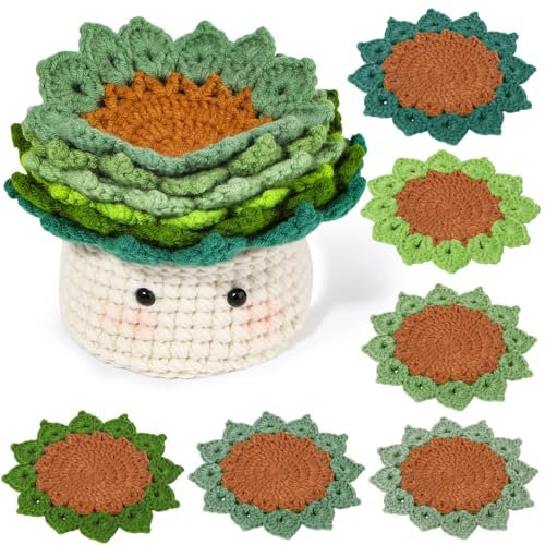 JINHENB Crochet Kit for Beginners Coasters Plant Pot Crochet Starter Kit Complete Potted Plant Crochet Kit with Step-by-Step Video Crochet Starter Kit for DIY Craft