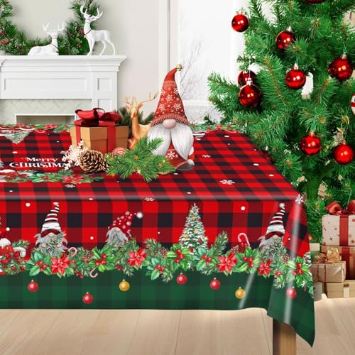 Christmas Table Cloth Rectangular Tablecover - 140×180CM Merry Xmas Polyester Oblong Party Dining Tablecloth Red and Green Tartan Plaid Holly Tree Gnome Truck Snowflake Washable Fabric Decor(1 Pcs)