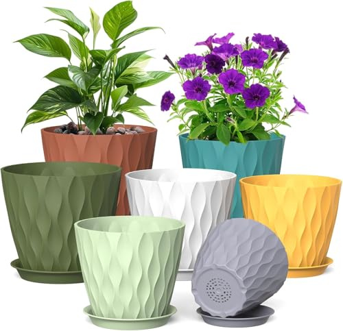 KAHEIGN 7 Piezas Macetas de Plástico para Plantas, 17.6/16.5/15/13.9/12.7/11.4/10CM Diseño Ondulado Maceta Gruesa con Control de Raíces con Plato para Plantas Flores Hierbas Suculentas Cactus