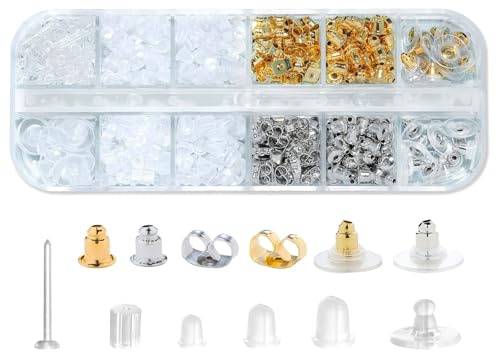 Nurila 600 Stück Ohrstecker Verschluss, Silikon und Metall (12 Stile) | Sichere Ohrring Stecker Stopper für Schmuckherstellung und DIY