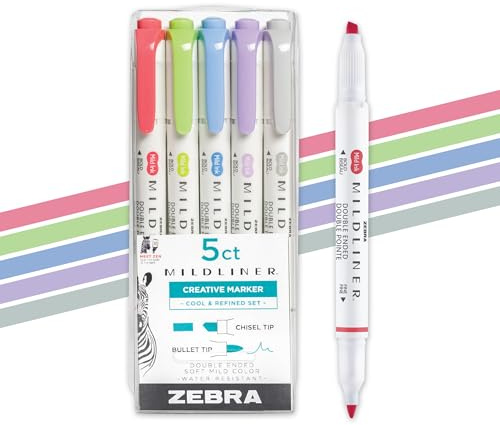 Zebra Pen Mildliner, Double Ended Highlighter, Broad and Fine Tips, Assorted Cool and Refined Colors, 5-Count