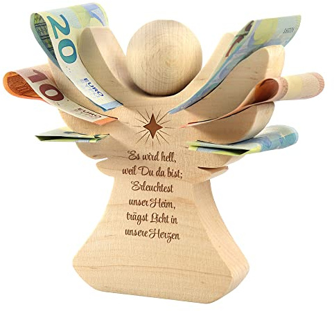 Engel aus Holz: Geschenk zur Taufe, Konfirmation und Kommunion | Geldgeschenk für Jungen und Mädchen | Holzengel mit Gravur, originelle Verpackung für Geldgeschenke, Taufgeschenke für Kinder