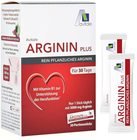 Avitale Arginin Plus, pflanzliches Arginin 3000 mg + Vitamin B1, 30 Sticks | Für eine normale Herzfunktion: L-Arginin aus Mais + Vitamin B1, zur Auflösung in Wasser, Limette-Waldfrucht-Geschmack