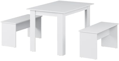 Vicco Esstisch Set Sentio, Weiß, 112 x 73.6 cm | mit 2 Bänken, geeignet als Essgruppe für kleine Räume und Küchen