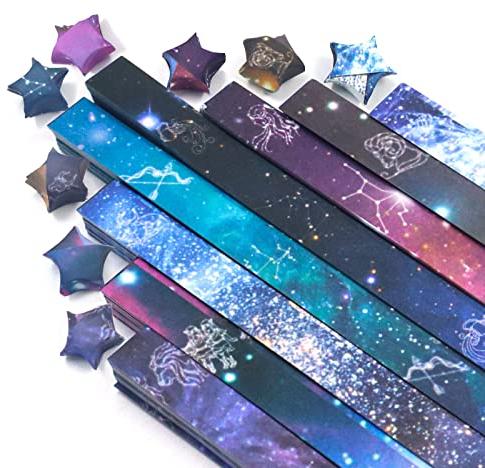 540 Sheets 12 Constellation Lucky Star Origami Paper Strips Galaxy, 8 Different Designs of Beautiful Outer Space Starry Sky for Art DIY Crafts Supplies, Pastel Star Folding Paper (A)