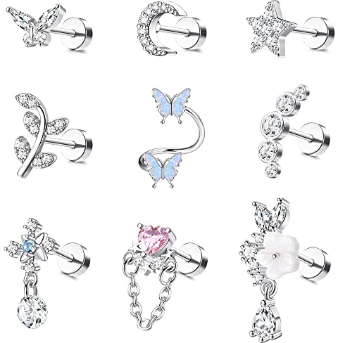 LOLIAS 16 Gauge Cartilage Earrings Helix Earrings for Women Stainless Steel Helix Piercing Jewelry Leaf Butterfly CZ Studs Flat Back Cartilage Earrings Silver Hypoallergenic Conch Tragus Piercing