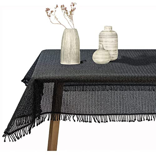 Gartentischdecke geschäumt eckig rund oval wetterfest rutschfeste Weichschaum Tischdecke abwaschbar Garten Balkon Outdoor Camping mit Fransen (Schwarz, 160cm Rund)