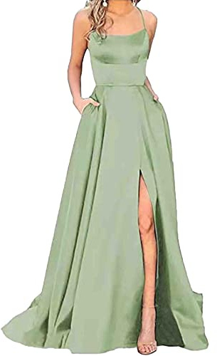 xxxiticat Abito da donna elegante lungo da sera con tasche in satin, linea A, senza schienale, abito da sposa, abito da sera sexy con scollo a incrocio, abito da sposa a spalla nuda, abito da