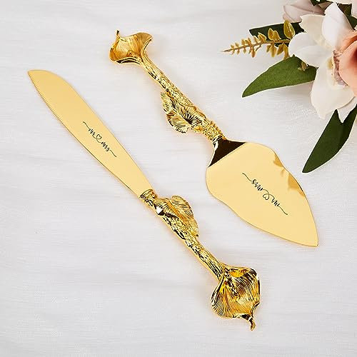 Munidow Personalized Cake Knife and Server Wedding Cake Knife and Server Set Gold Cake Cutting Set Custom Wedding Cutlery for a Perfect Cake Cutting Ceremony (F - Trumpet Suit)